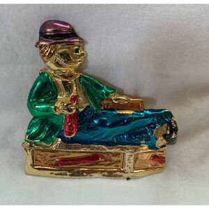 Clown Boy Vintage Brooch Pin Gold Enamel Sitting on Trunk Red Bottle Purple Hat